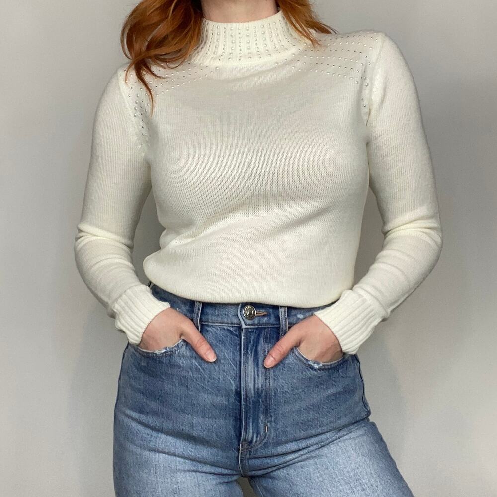 Juicy Couture Size Small Ivory with Pearl Embellished Mockneck Sweater